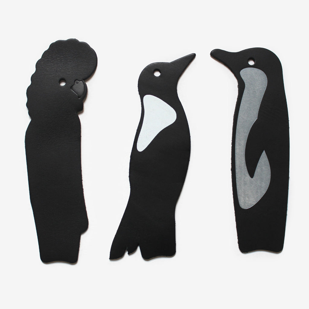 Australian Animals Genuine Leather Bookmark – Australian Birds, Set of 3 (Black Cockatoo, Fairy Penguin, Magpie)