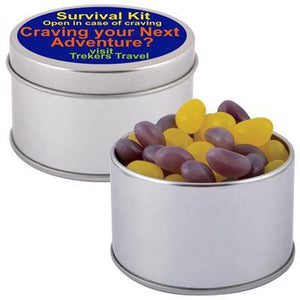 Corporate Colour Mini Jelly Beans in Silver Round Tin - New Age Promotions